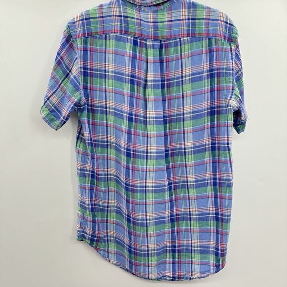Ralph Lauren Men's 100% Linen Button Down Shirt Sz S Blue Plaid Short Sleeve - Picture 2 of 8
